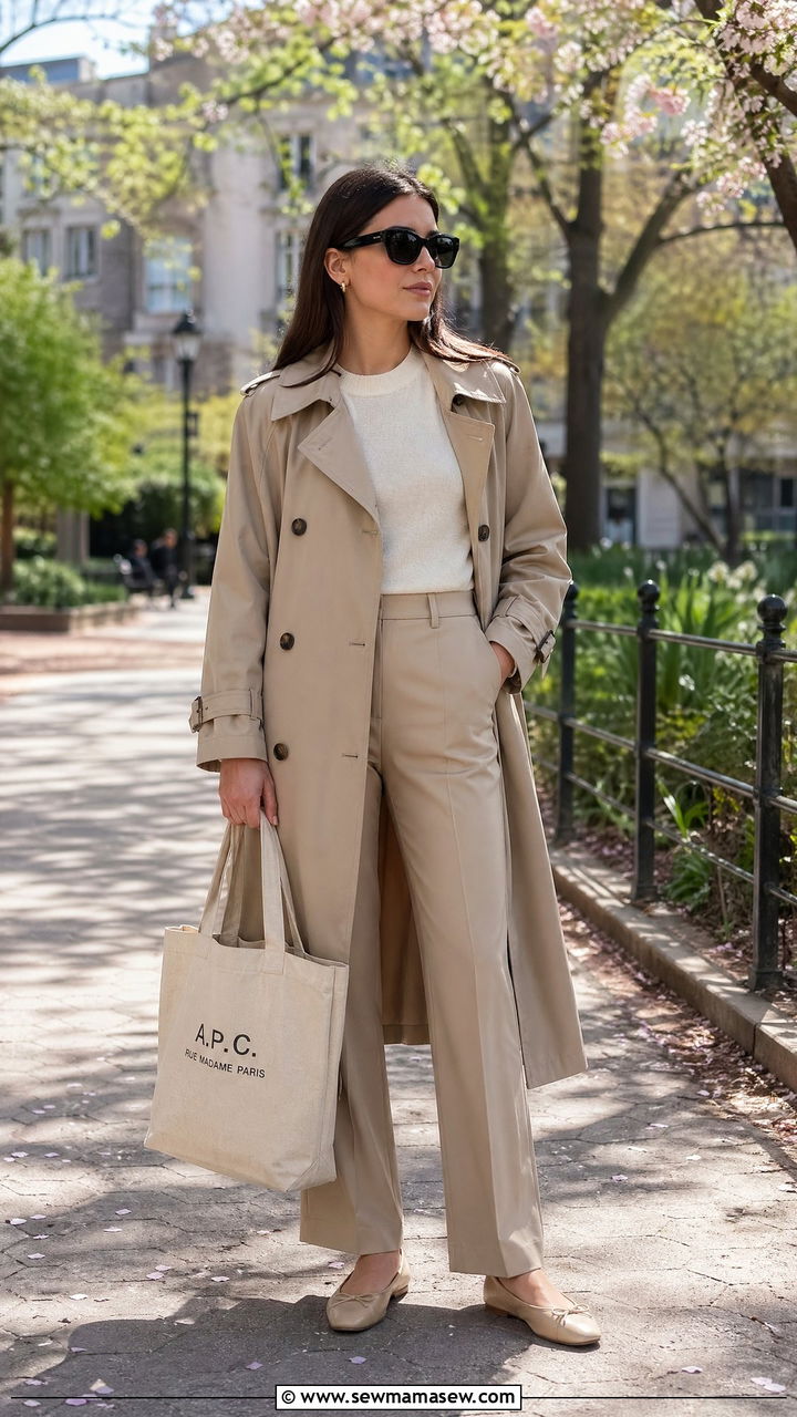 Beige Trench Coat with Straight Leg Trousers - 35 transitional quiet luxury outfit ideas