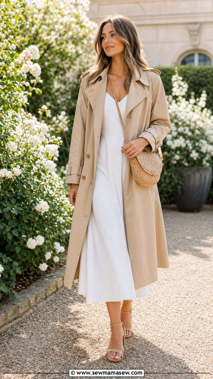 Beige Trench Coat with White Dress - 30 Beige and white outfit ideas