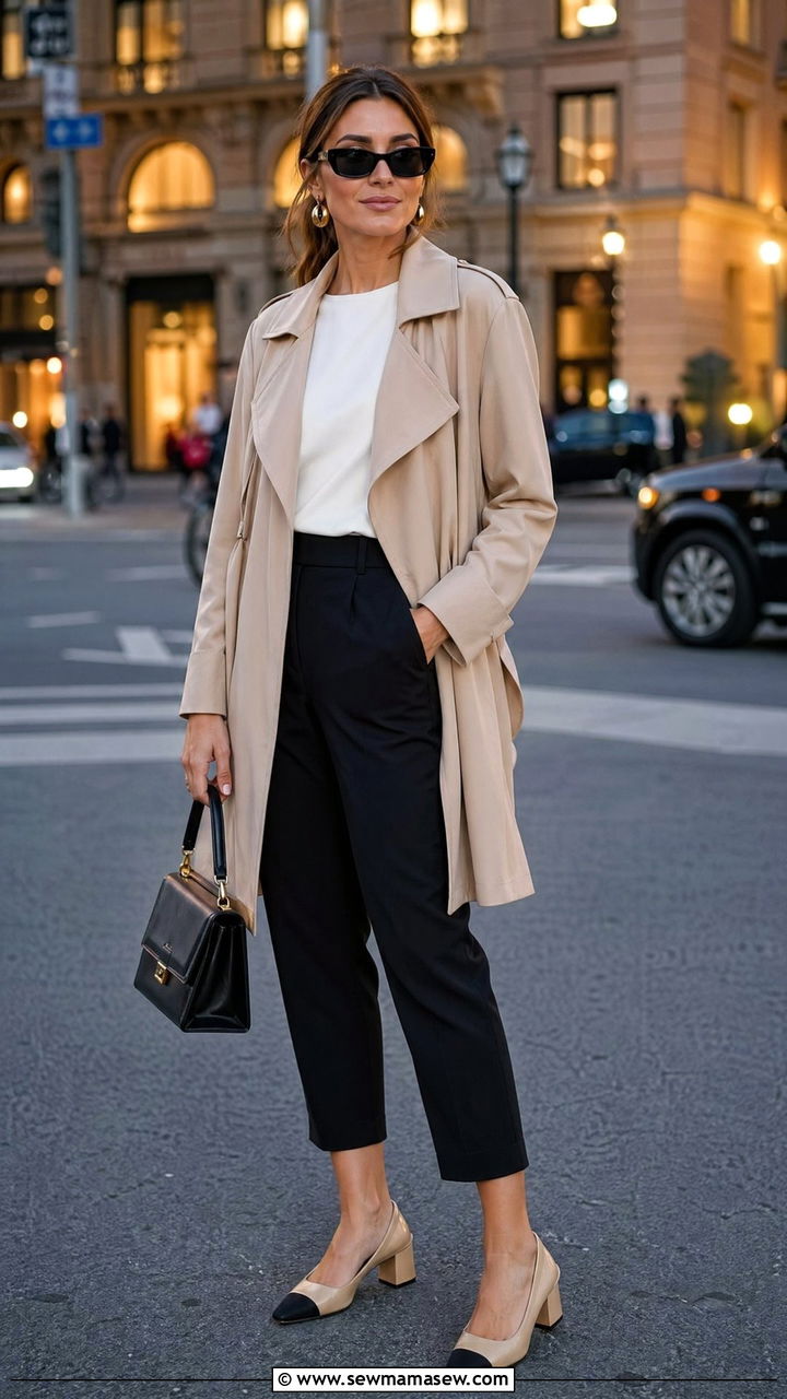 Beige Trench Jacket With Cropped Black Trousers - 40 summer quiet luxury outfits