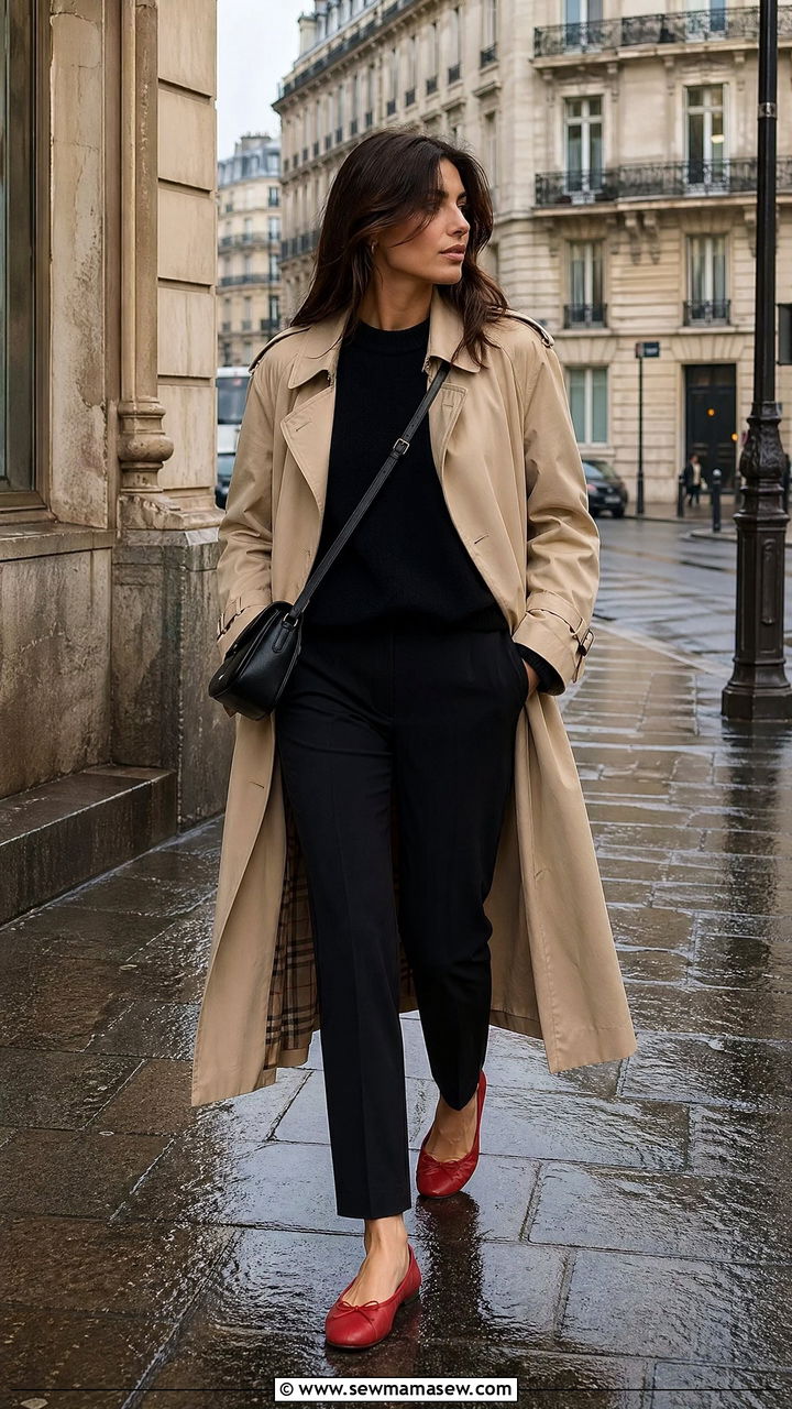 Beige Trench Over An All Black Base With Red Ballet Flats - 35 spring parisian outfits