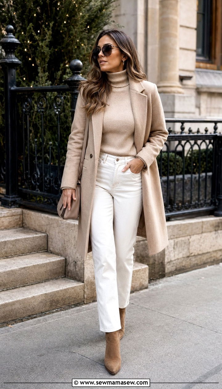 Beige Turtleneck with White Jeans - 30 Beige and white outfit ideas