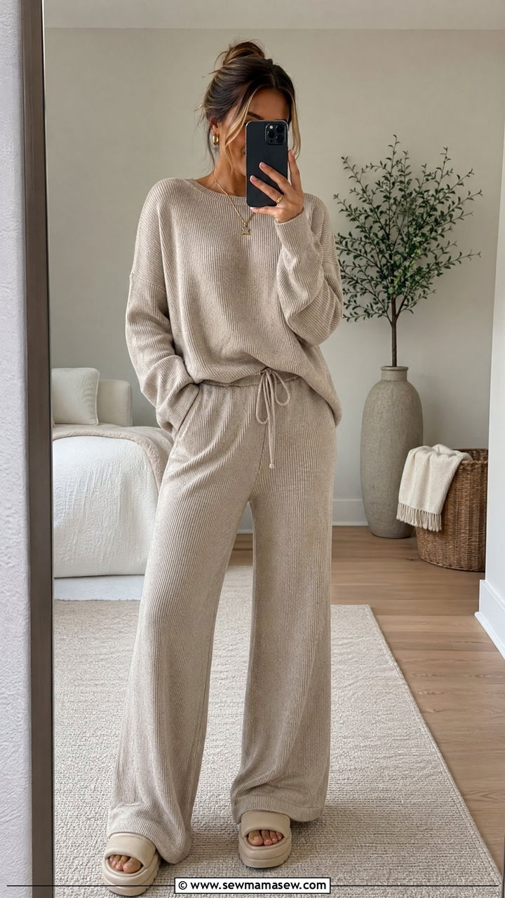 Beige Two Piece Knit Lounge Set With Platform Slides - 35 Clean girl casual outfit ideas