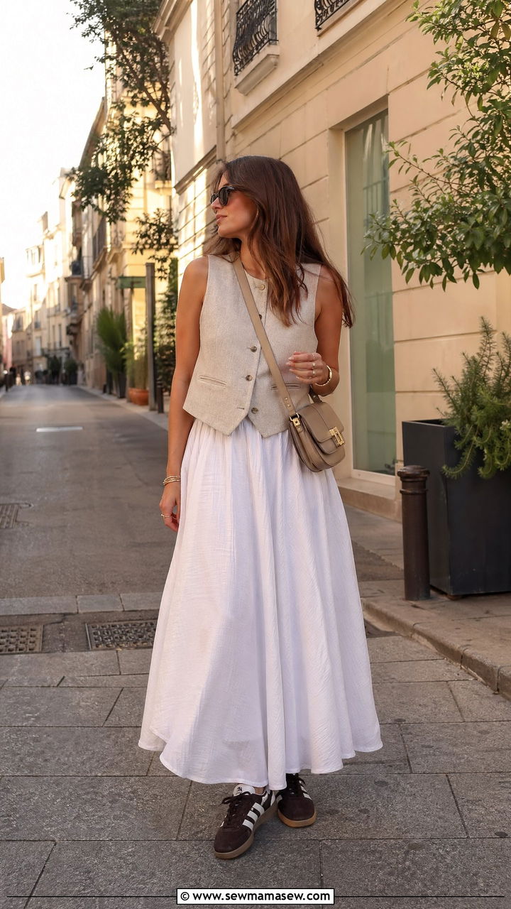 Beige Vest with White Maxi Skirt and Sneakers - 35 summer beige outfit ideas