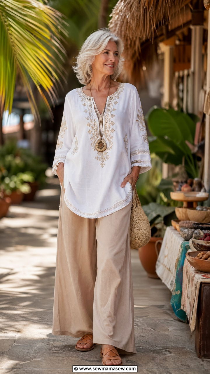Beige Wide Leg Pants with Embroidered Tunic Top - 35 Vacation outfit ideas for women over 50