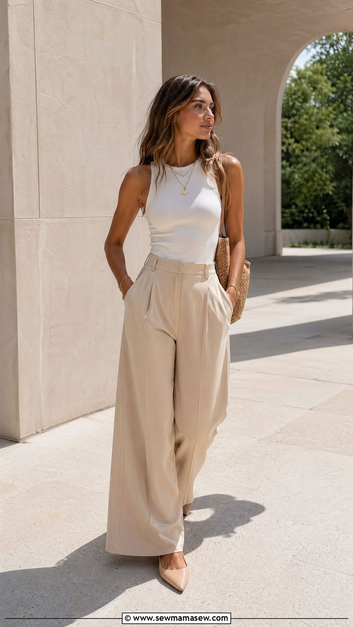 Beige Wide Leg Trousers Outfit Spring - 35 spring minimalist outfits