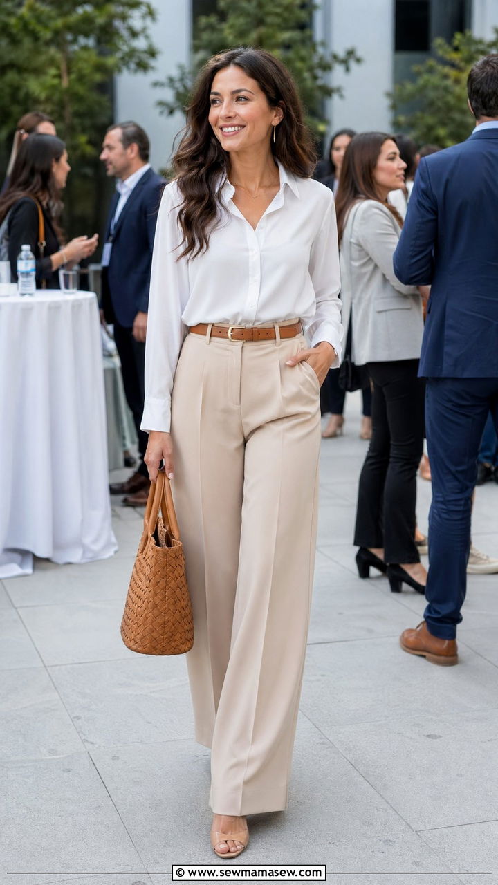 Beige Wide Leg Trousers With White Blouse - 35 Work conference outfit ideas