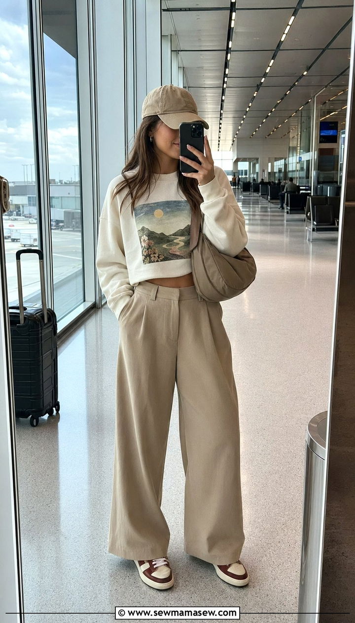 Beige Wide Leg Trousers With a Graphic Sweatshirt and Retro Sneakers - 30 Wide leg trousers outfit ideas for summer