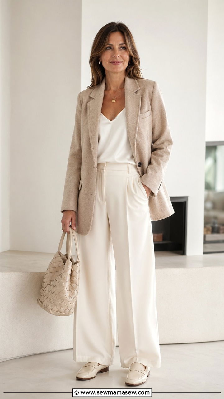 Beige Wool Blazer With Monochrome White Underlayer - 30 Best blazers for women over 40