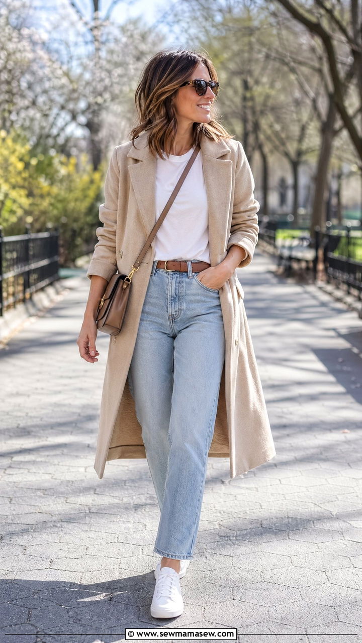 Beige Wool Coat with Denim and White Sneakers - 35 Wool coat outfit ideas