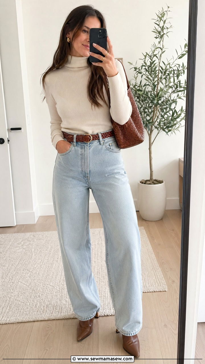 Beige Wool Turtleneck With Baggy Jeans And Ankle Boots - 35 Windy summer outfits