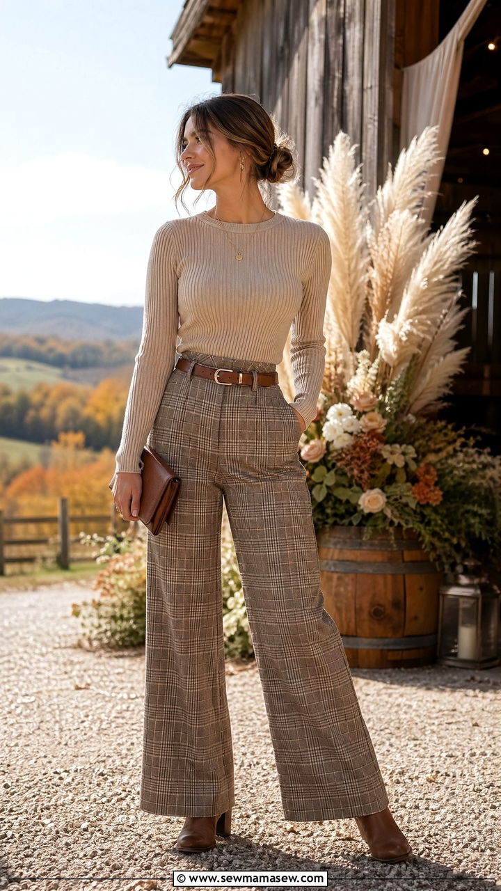 Beige and Brown Plaid Wide Leg Outfit - 35 wedding guest outfits