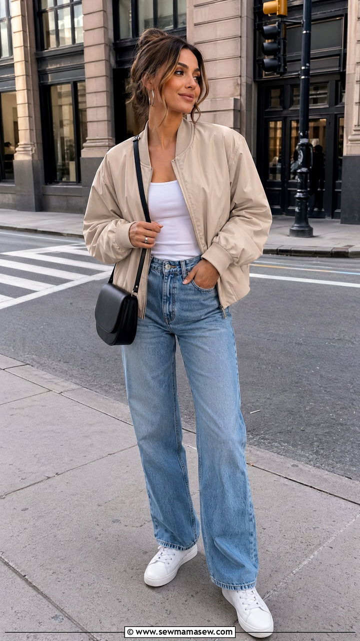 Beige bomber jacket with jeans - 35 Spring outfits in beige
