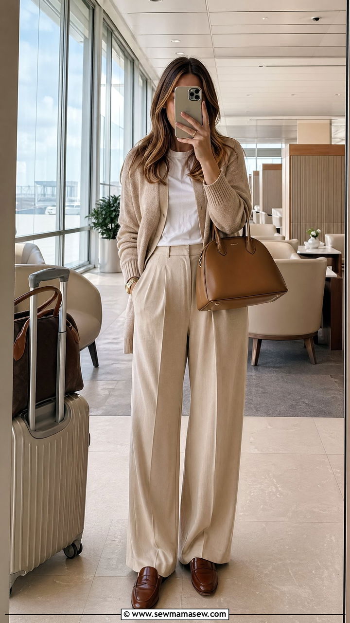 Beige cardigan over white tee and beige trousers - 35 casual old money outfits