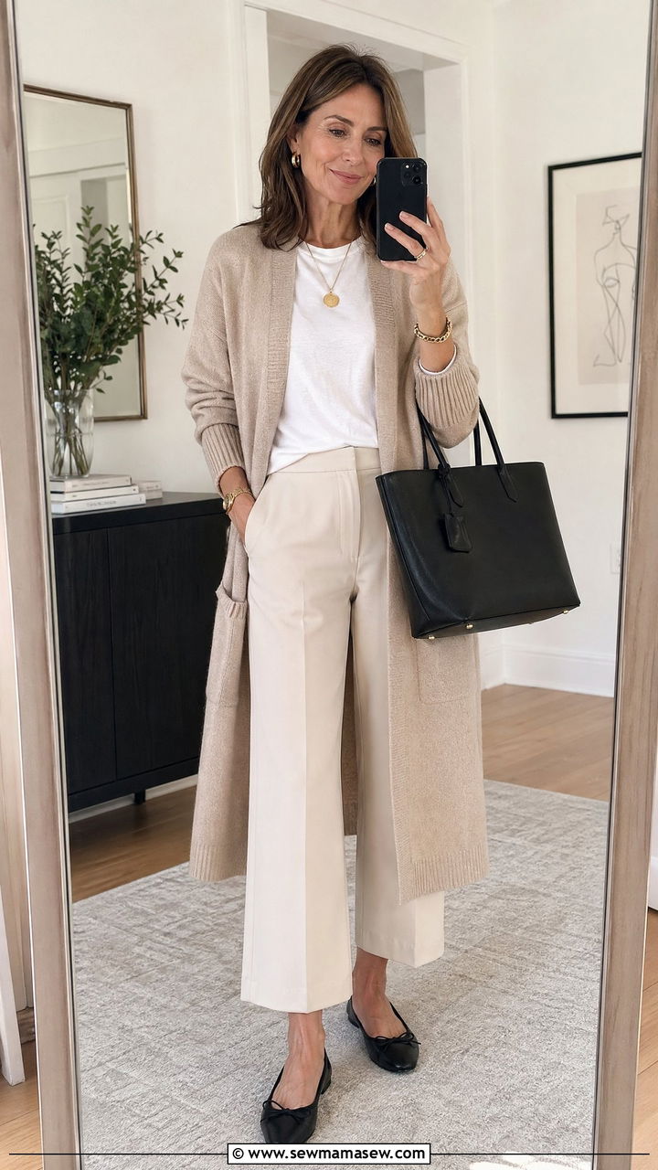 Beige cardigan with a white tee and cropped pants - 35 Casual outfits for women over 40