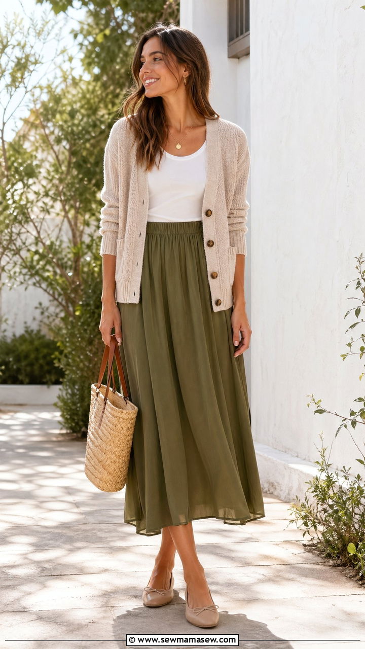 Beige cardigan with olive green midi skirt and flats - 35 spring teacher outfit ideas