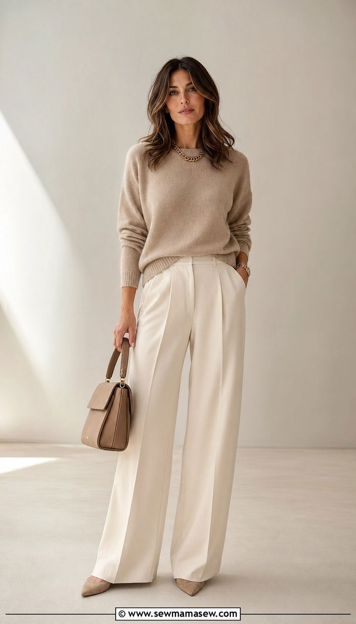 Beige cashmere sweater and cream wide leg trousers - 35 quiet luxury outfits for women