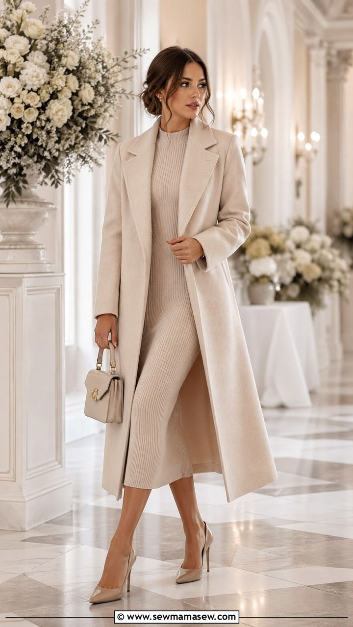 Beige coat and dress outfit - 40 All beige outfit ideas