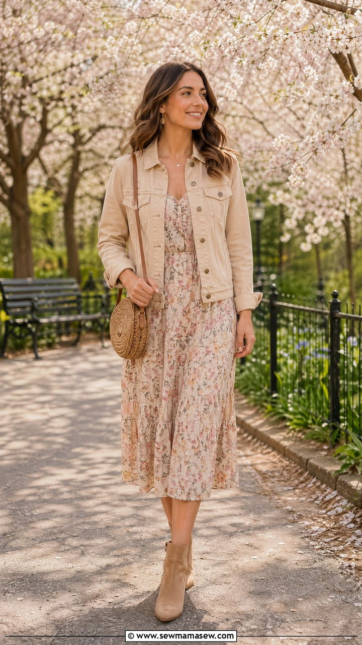 Beige denim jacket with floral dress - 35 Spring outfits in beige