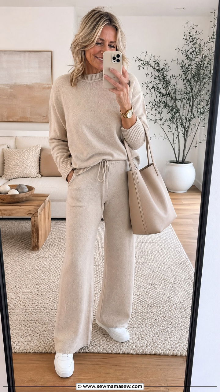 Beige knit set with white sneakers outfit - 35 Clean girl outfits for women over 40