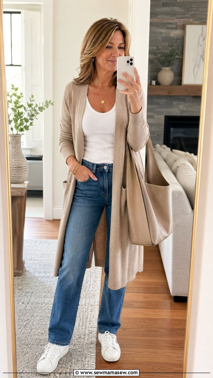 Beige long cardigan with white tank and jeans outfit - 35 Clean girl outfits for women over 40