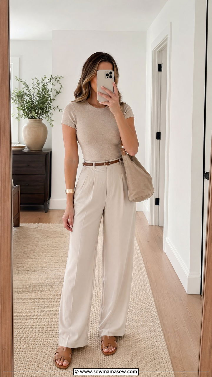 Beige monochrome knit and wide leg trousers - 35 Clean girl spring outfits