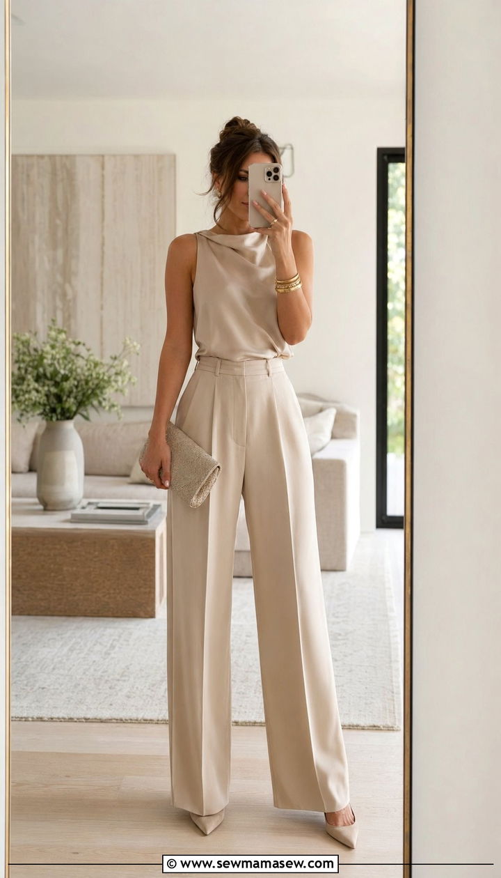 Beige monochrome set wedding guest outfit - 35 Quiet luxury outfit ideas for wedding guest