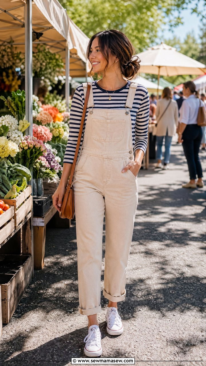 Beige overalls with striped tee - 35 Spring outfits in beige