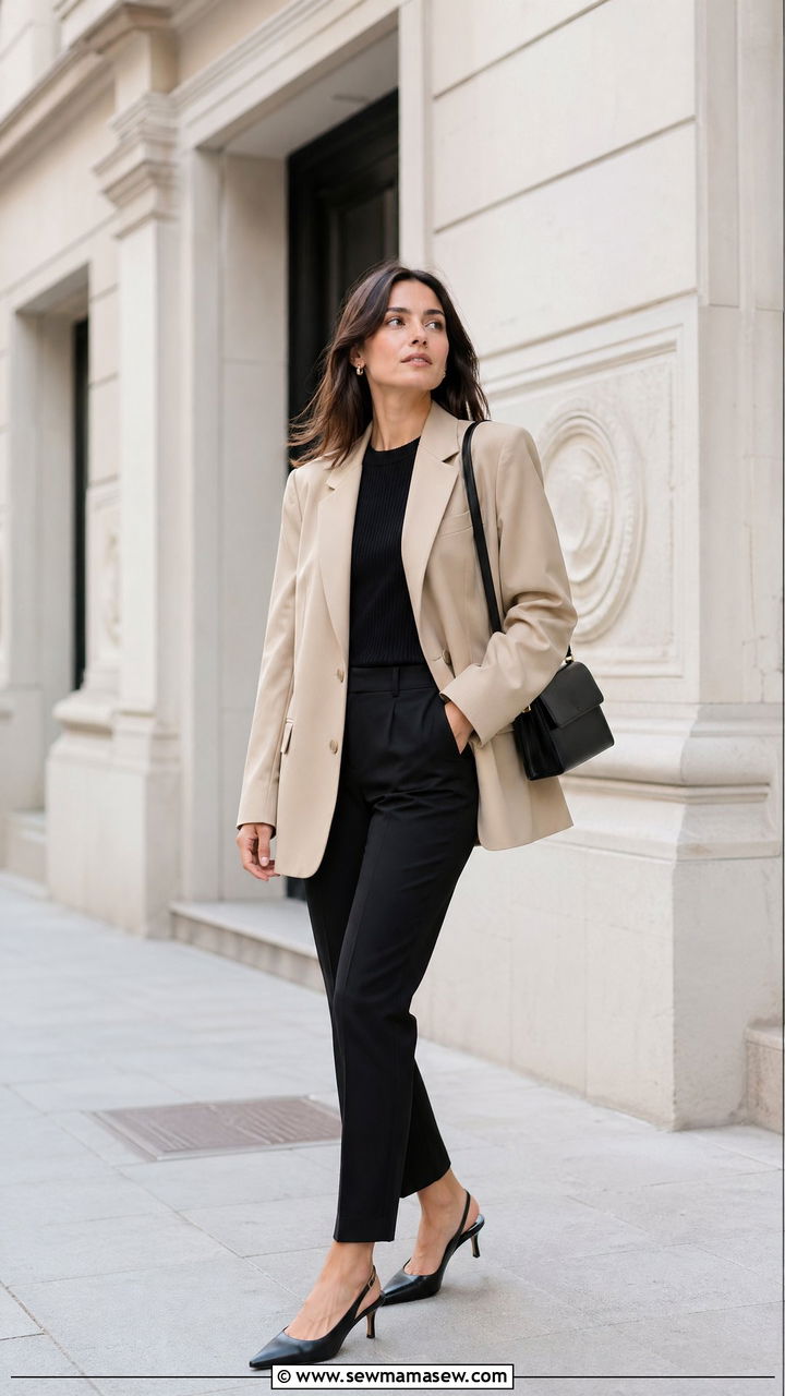 Beige oversized blazer with black slim trousers interview outfit - 35 spring interview outfit ideas
