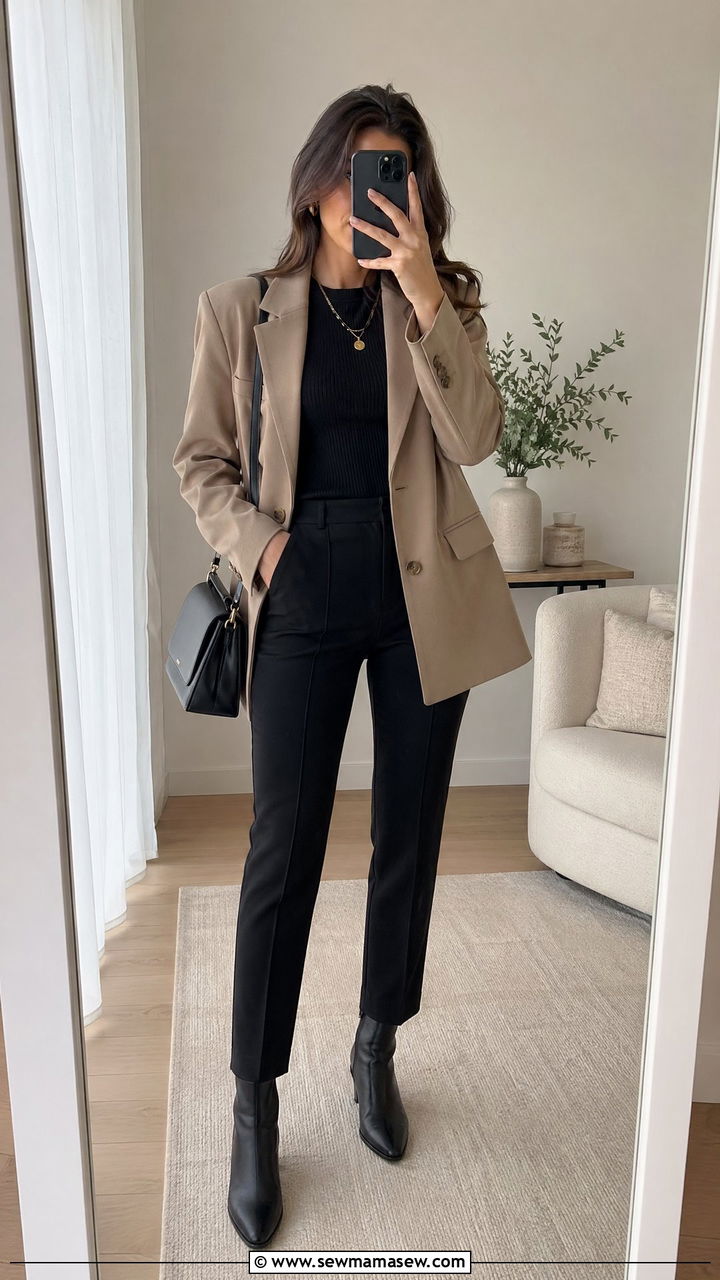 Beige oversized blazer with black trousers - 35 classy job interview outfit ideas