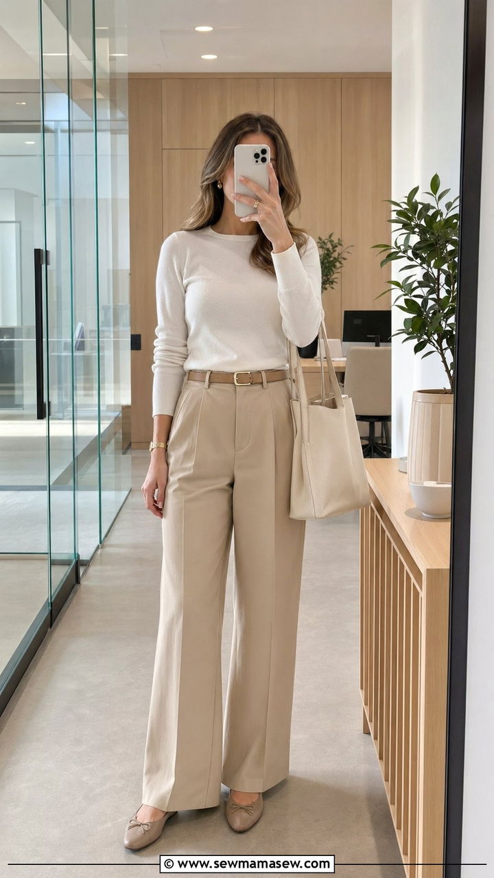 Beige pants with white knit top and ballet flats - 35 Office dress code outfit ideas