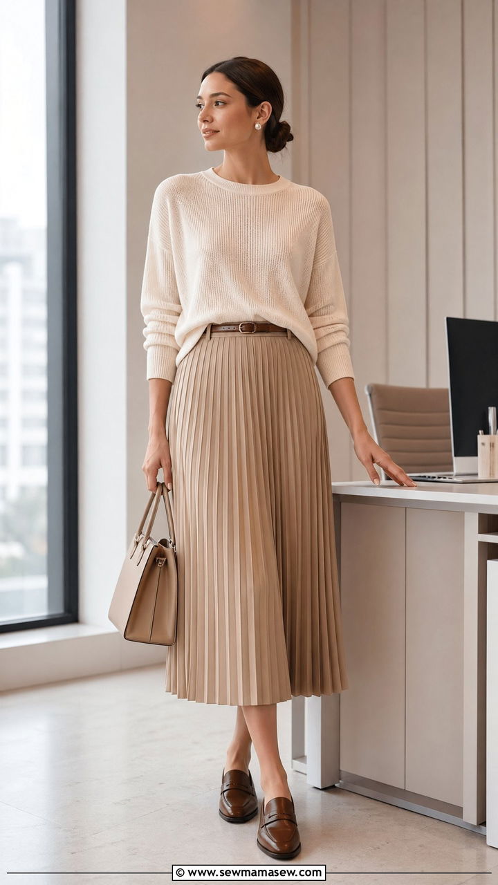 Beige pleated skirt with lightweight sweater - 35 Spring outfits in beige