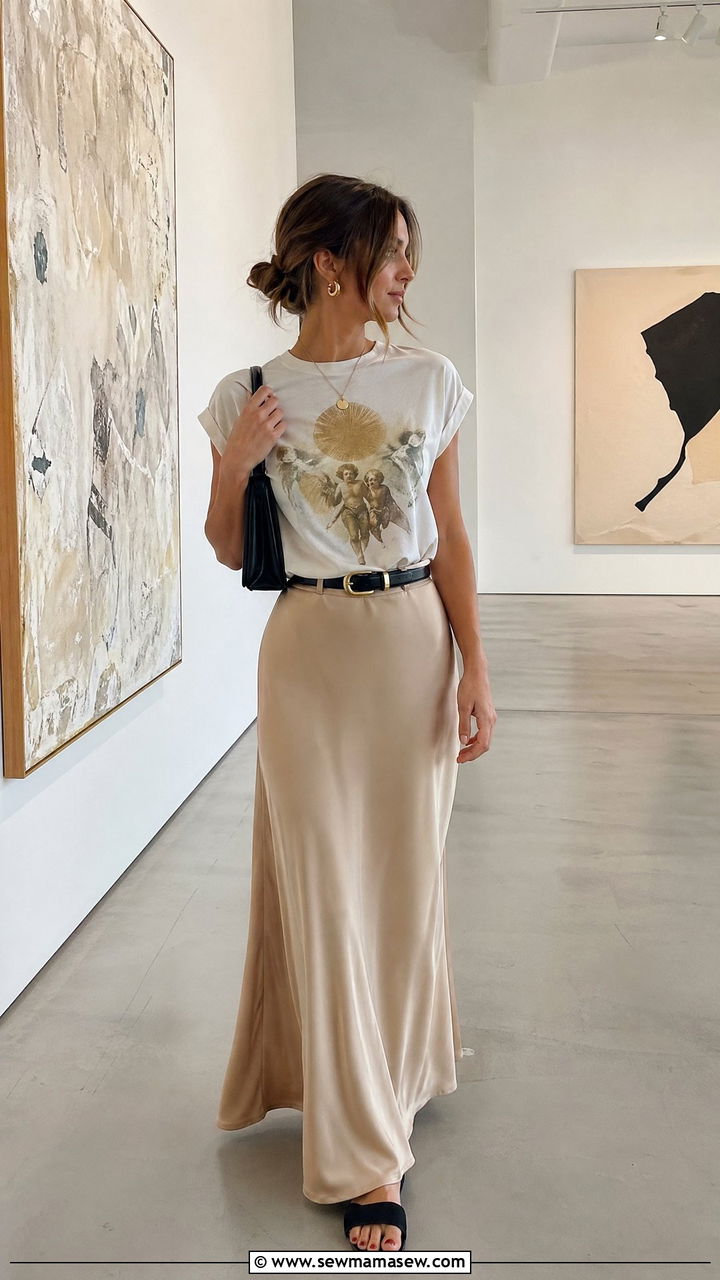 Beige satin maxi skirt with graphic tee - 35 Spring outfits in beige