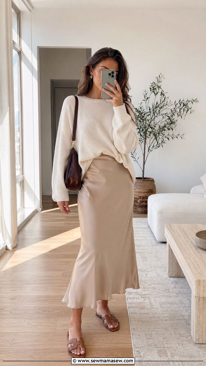 Beige satin midi skirt with sweater - 35 Spring outfits in beige