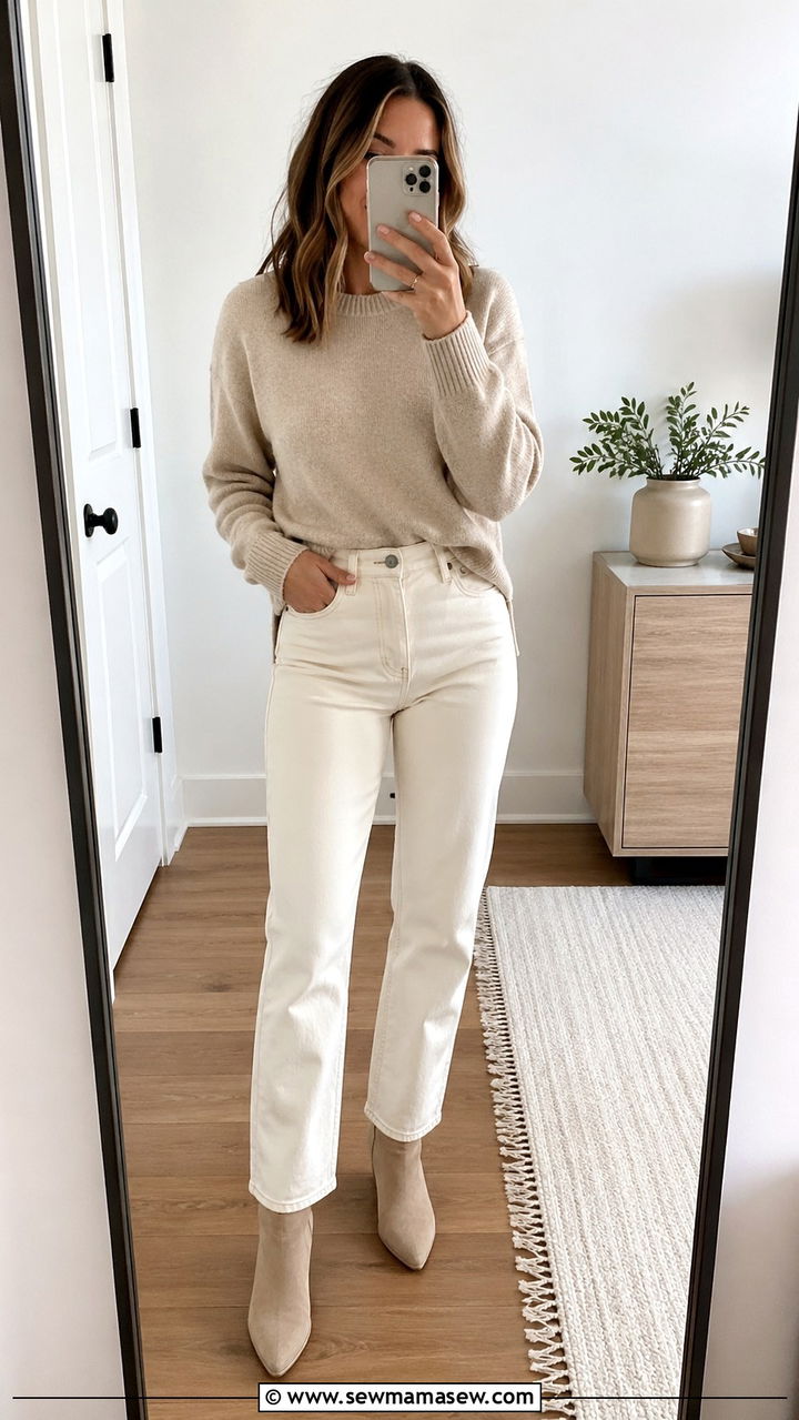 Beige sweater and jeans outfit - 40 All beige outfit ideas