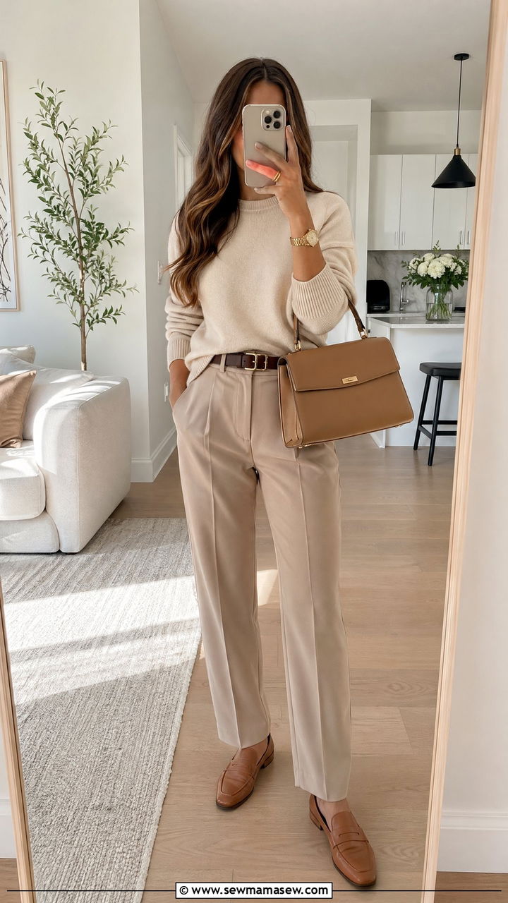 Beige sweater with tailored trousers - 35 Spring outfits in beige