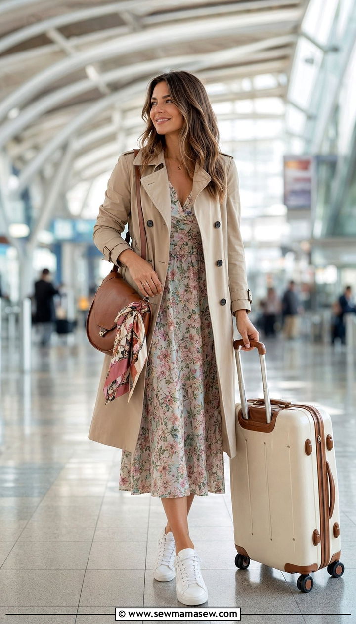 Beige trench and midi dress spring airport outfit - 30 Airport outfit ideas Parisian