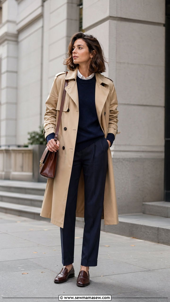 Beige trench coat layered over a navy knit and tailored trousers - 35 Consultant outfit ideas