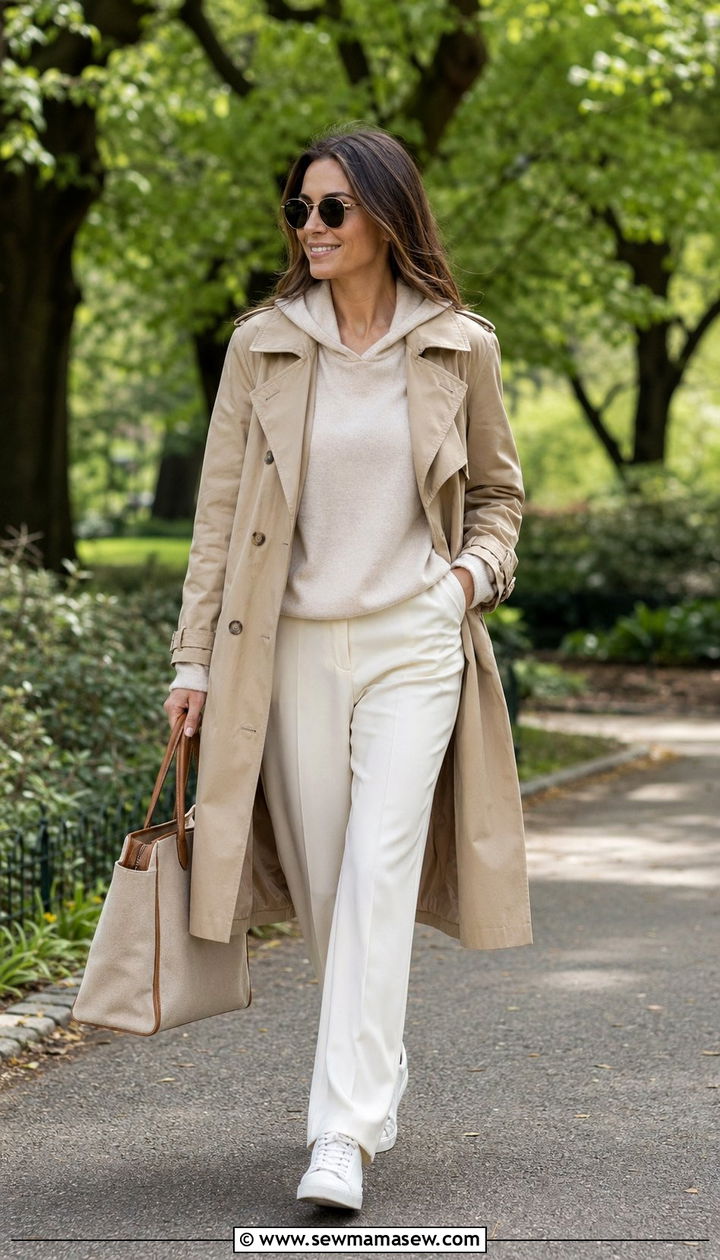 Beige trench coat outfit with white sneakers - 35 quiet luxury outfits for women