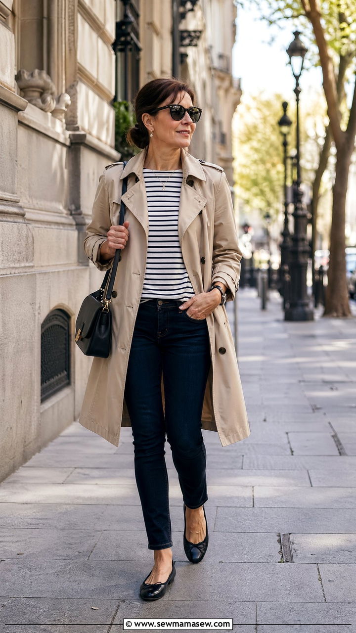 Beige trench coat over a striped tee and dark jeans - 35 Classy outfit ideas for women over 40