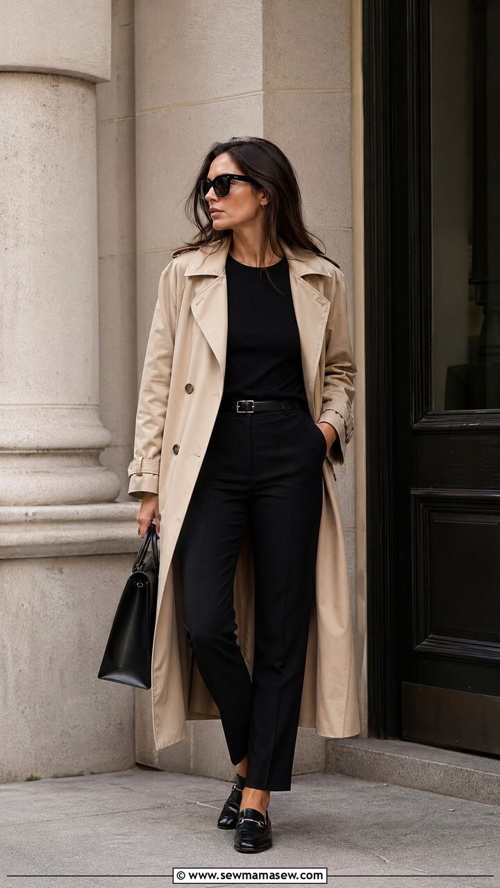Beige trench coat over an all black outfit - 35 classy outfit ideas for women