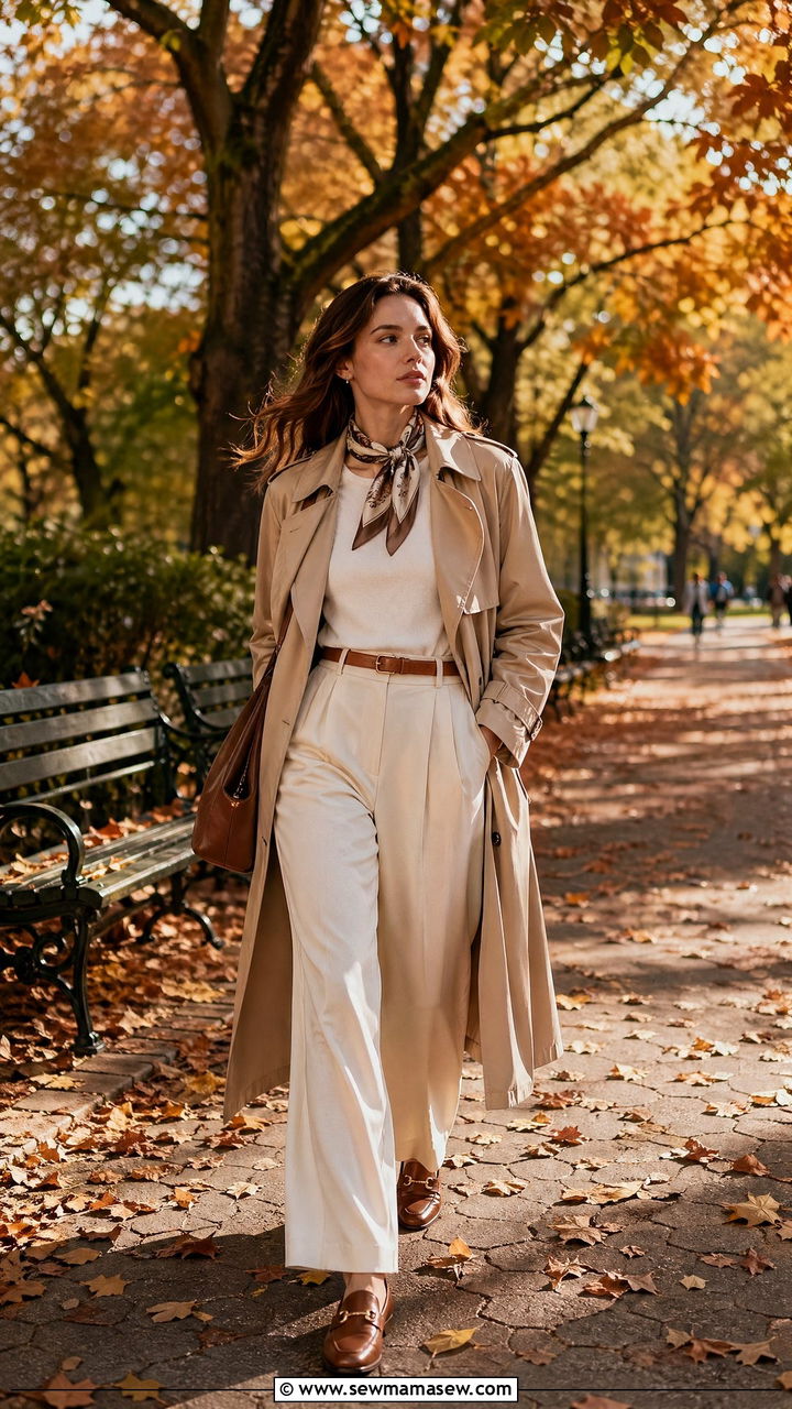 Beige trench coat over white shirt and trousers - 35 casual old money outfits