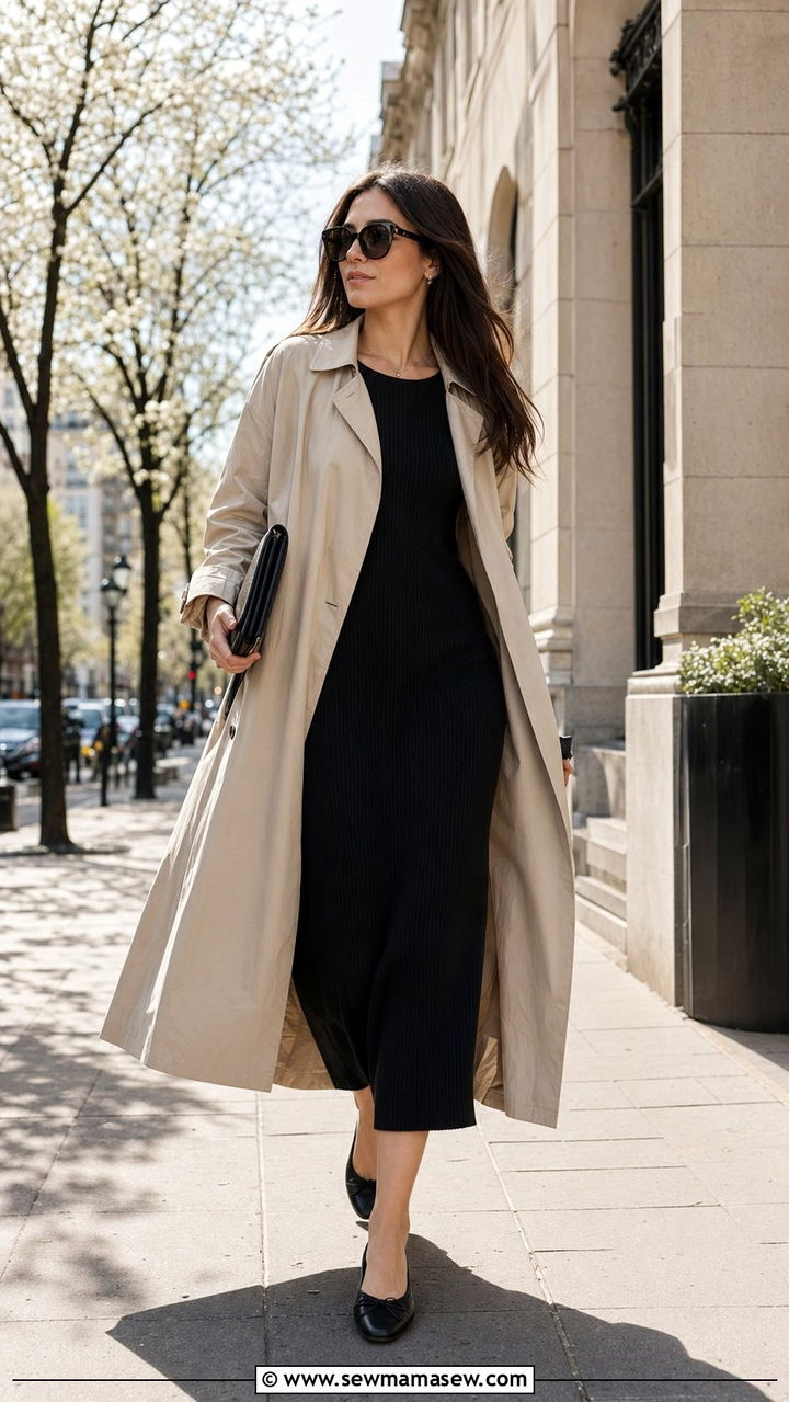 Beige trench coat with black midi dress and ballet flats outfit - 35 Quiet luxury outfit ideas