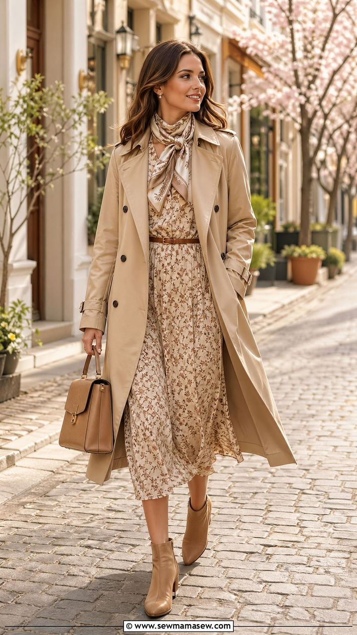 Beige trench coat with midi dress - 35 Spring outfits in beige