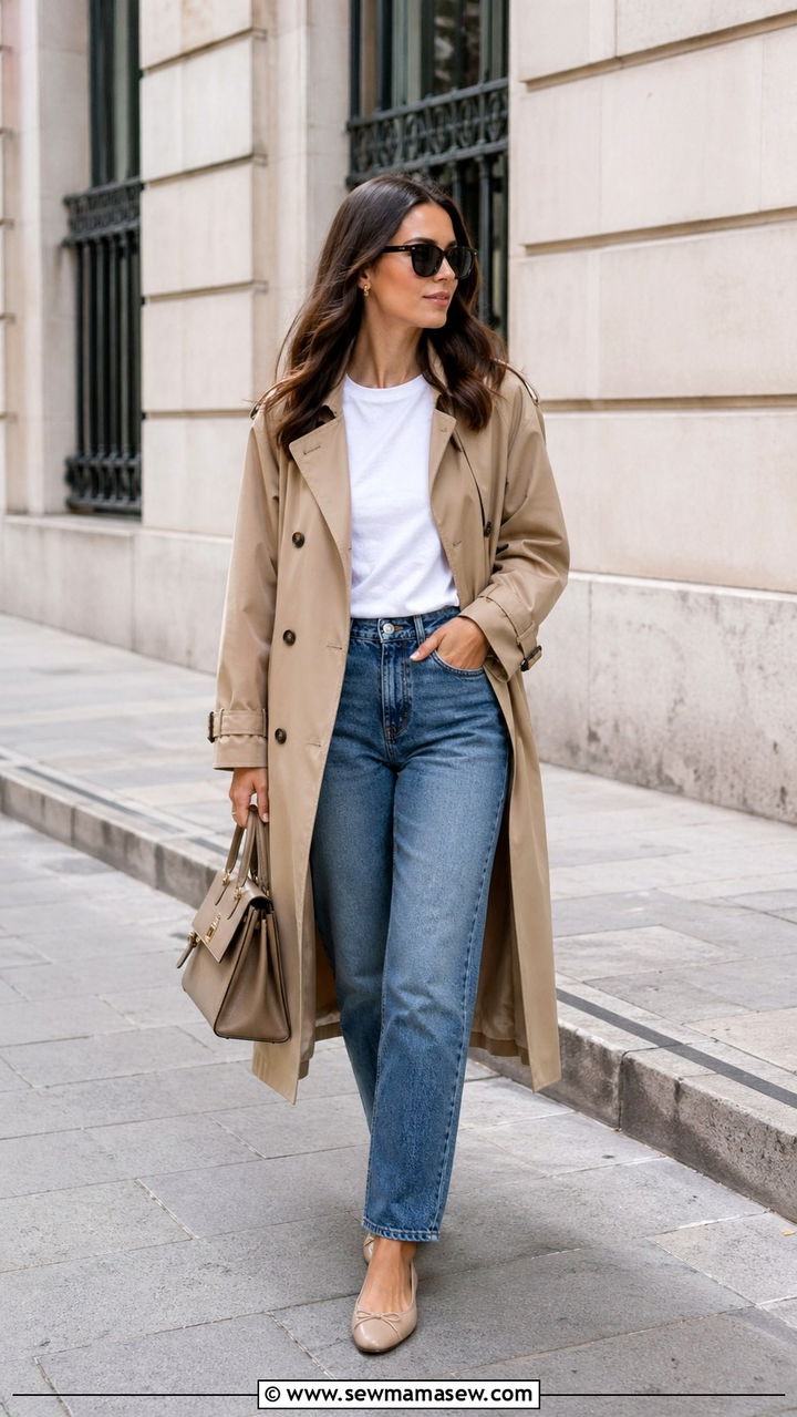 Beige trench coat with straight leg jeans and ballet flats - 30 spring everyday outfits for women