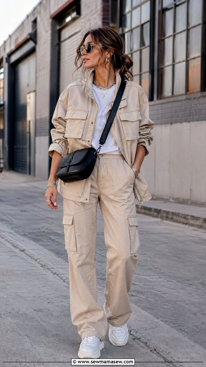 Beige utility jacket with cargo pants - 35 Spring outfits in beige