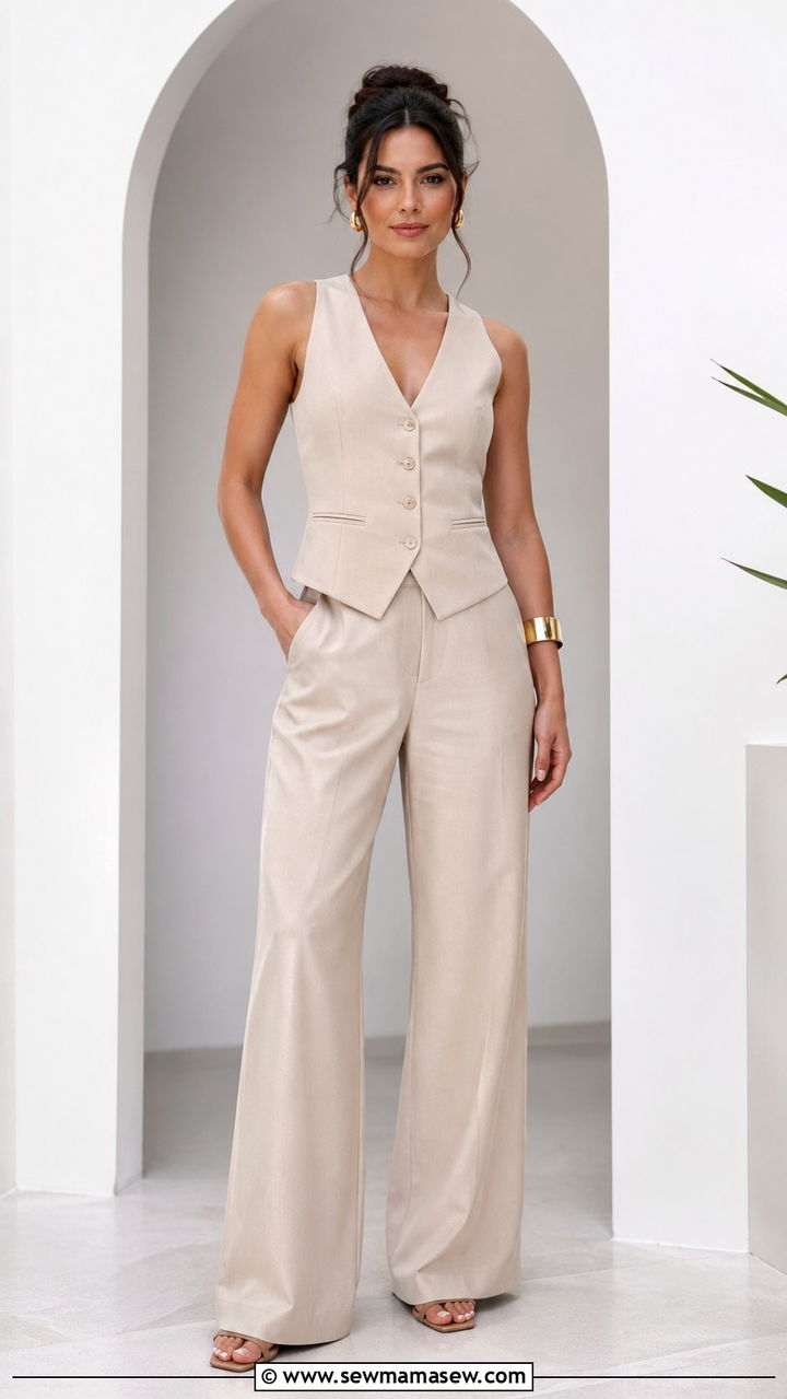 Beige vest and pants outfit - 40 All beige outfit ideas
