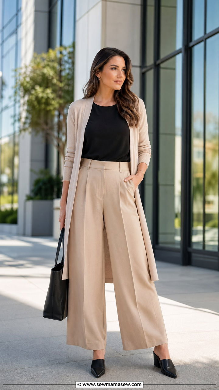 Beige wide leg trousers and a black sleeveless shell - 35 what to wear to a job interview