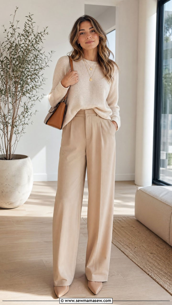 Beige wide leg trousers with knit sweater - 35 Spring outfits in beige