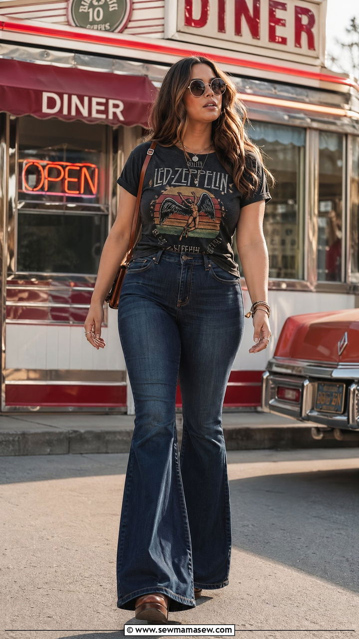 Bell Bottom Jeans and Vintage Tee 70s Concert Look - 35 Concert outfits for curvy women