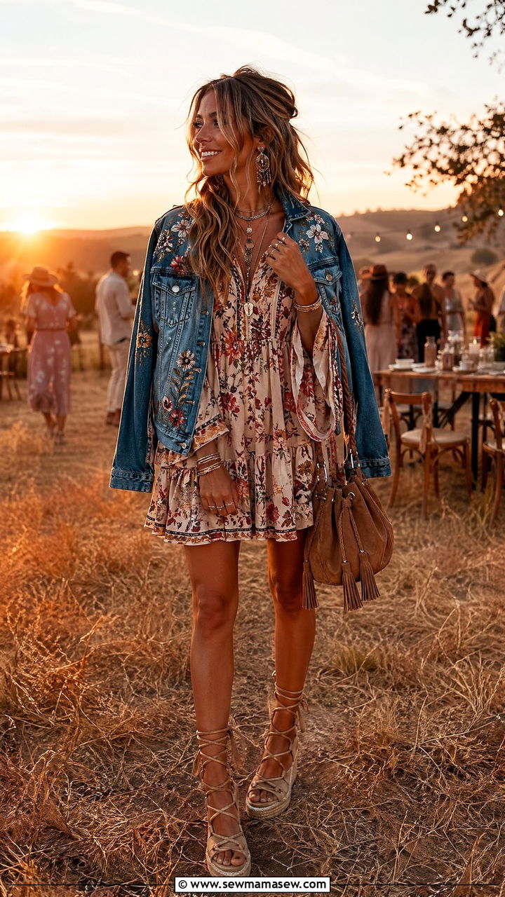 Bell Sleeve Mini Dress with Embroidered Denim Jacket - 35 summer boho chic outfit ideas